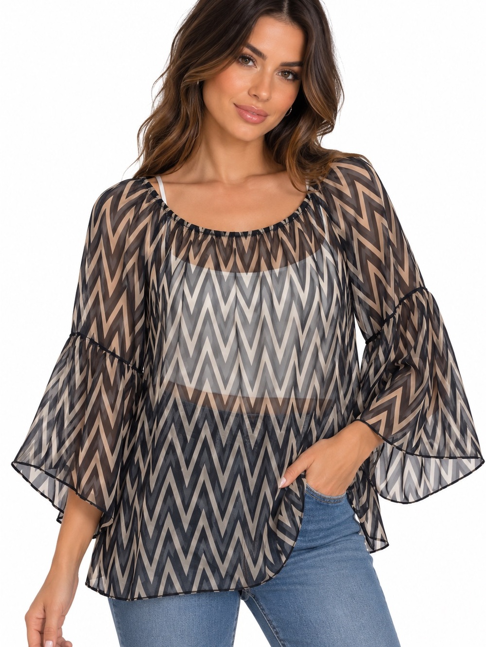 Tacera Blue & White Sheer Chevron Blouse – Size Large